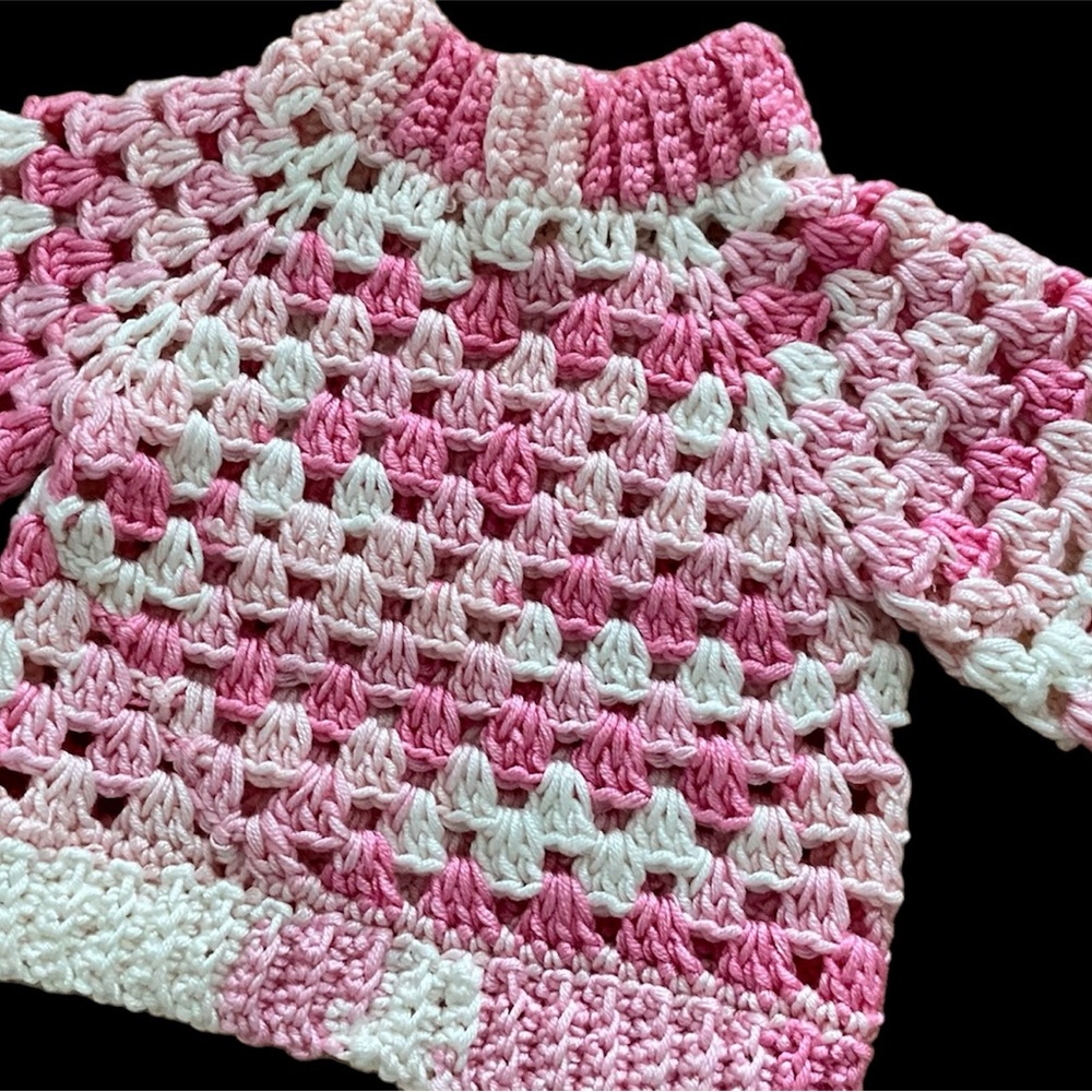 Handmade Crochet baby child sweater Pullover Pastel Pink White ribbed cuff